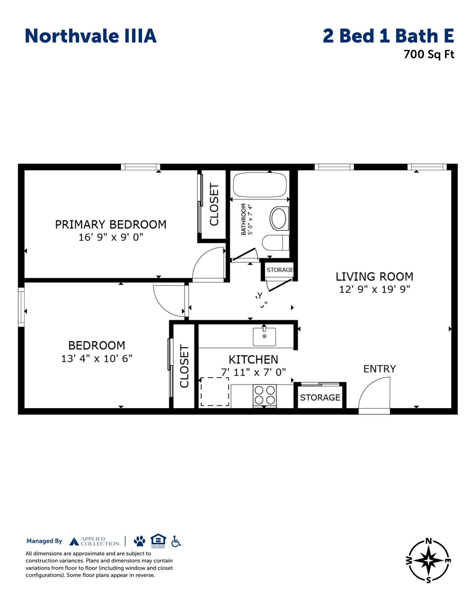 Floor plan for 2 beds, 1 bath, 700 sqft